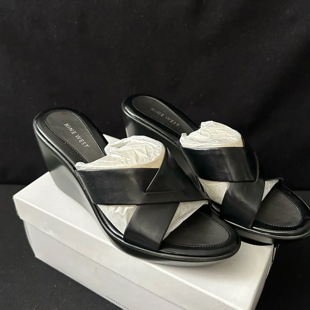 Nine West, Brand New, Black Leather Wedge Heel Sandals, Size 8 M